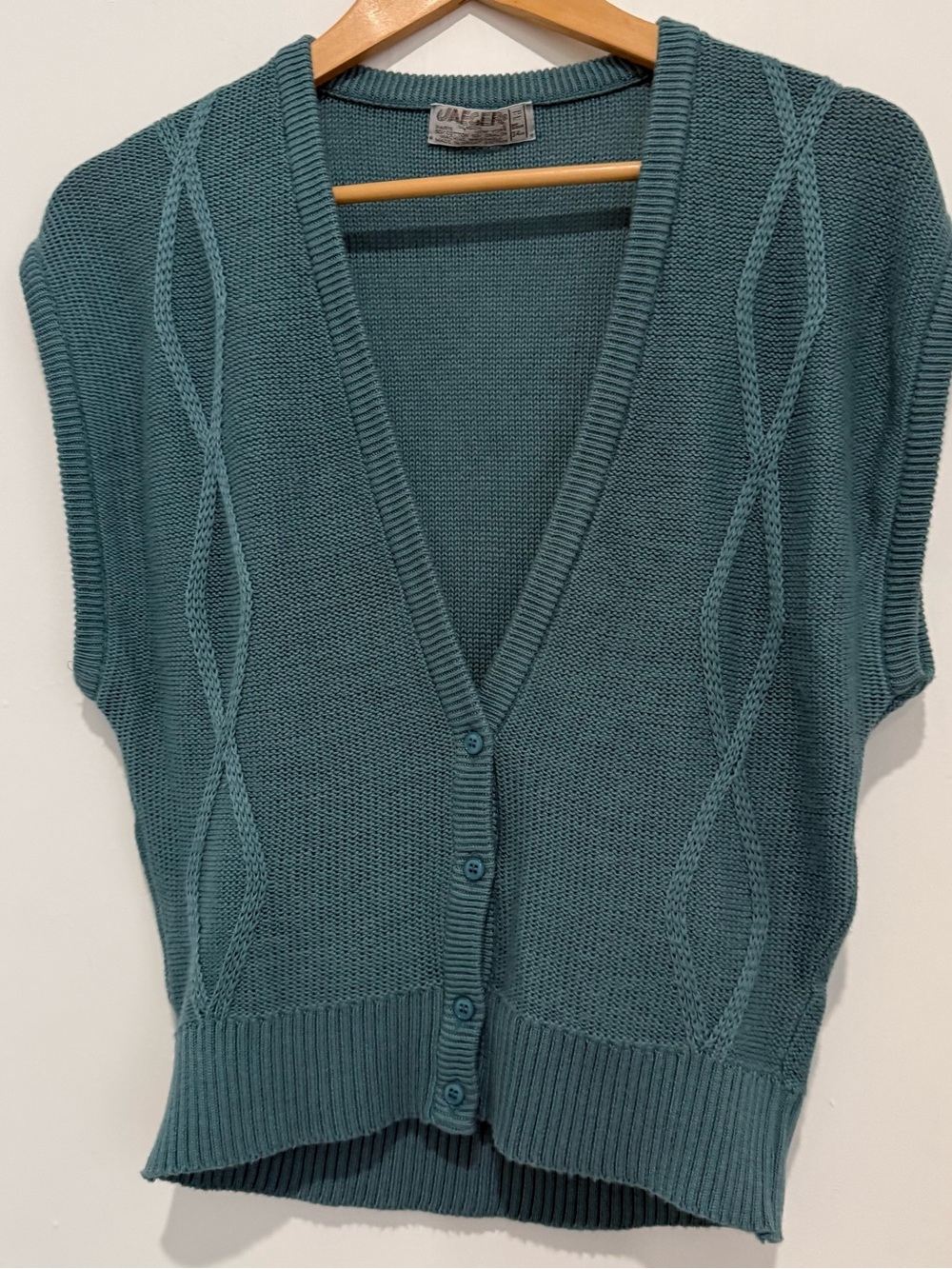 Vintage Jaeger Teal Knit Cardigan Sweater Button Front Short Sleeve Cotton Blend